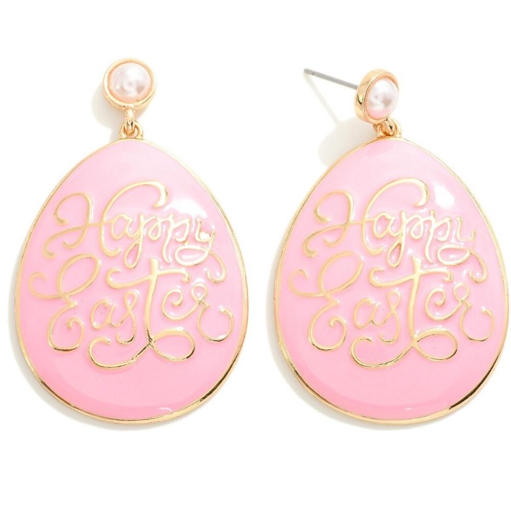 Pink Enamel Coated Happy Easter Egg Drop Earrings With Pearl Post